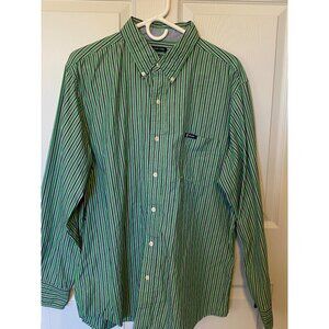 Chaps Easy Care Mens Green & Navy Striped Button-Up Shirt XL